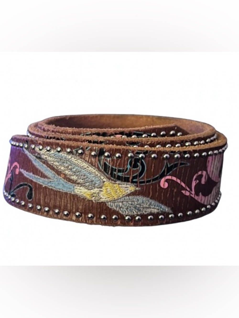 Birds & Hearts Leather NOCONA No Buckle Belt 34” Small Medium Boho Embroidered
